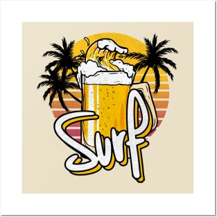 Funny Glass Of Beer Surf Wave Vintage Retro Sunset Design Posters and Art